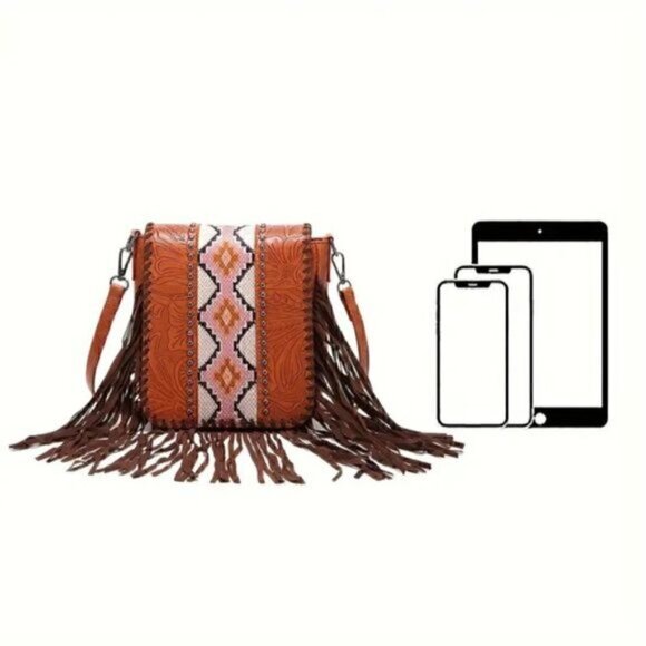 Vintage Bohemian Style Rivet Crossbody Bag, Tassel Aztec Tribal Fringe Purse - Picture 2 of 8